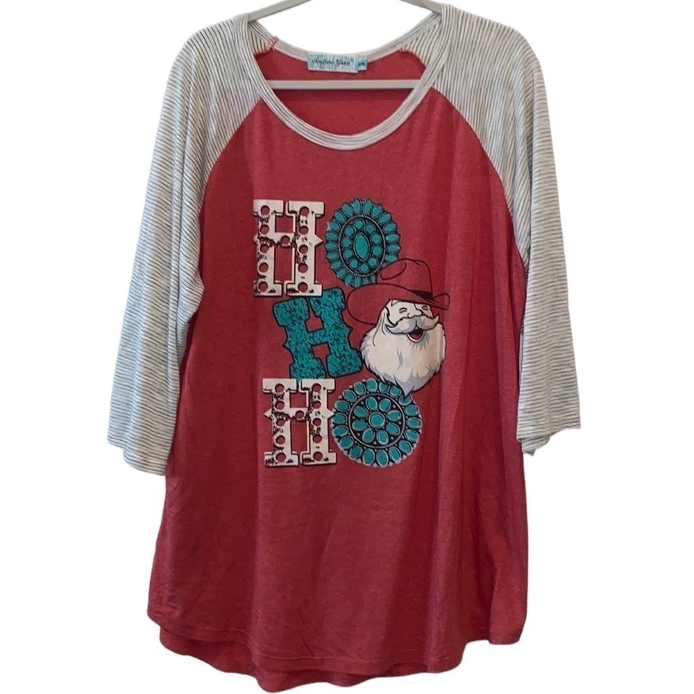 Southern Grace Turquoise Western Cowgirl Ho Ho Ho Santa T-shirt 3/4 Sleeve